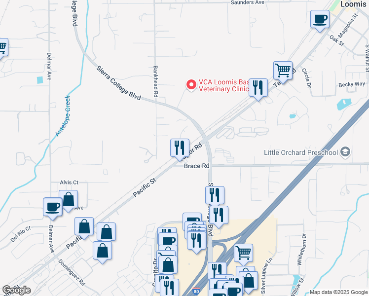 map of restaurants, bars, coffee shops, grocery stores, and more near 4018 Taylor Road in Loomis