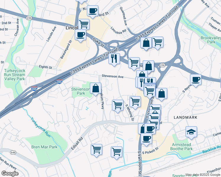 map of restaurants, bars, coffee shops, grocery stores, and more near 240 Yoakum Parkway in Alexandria