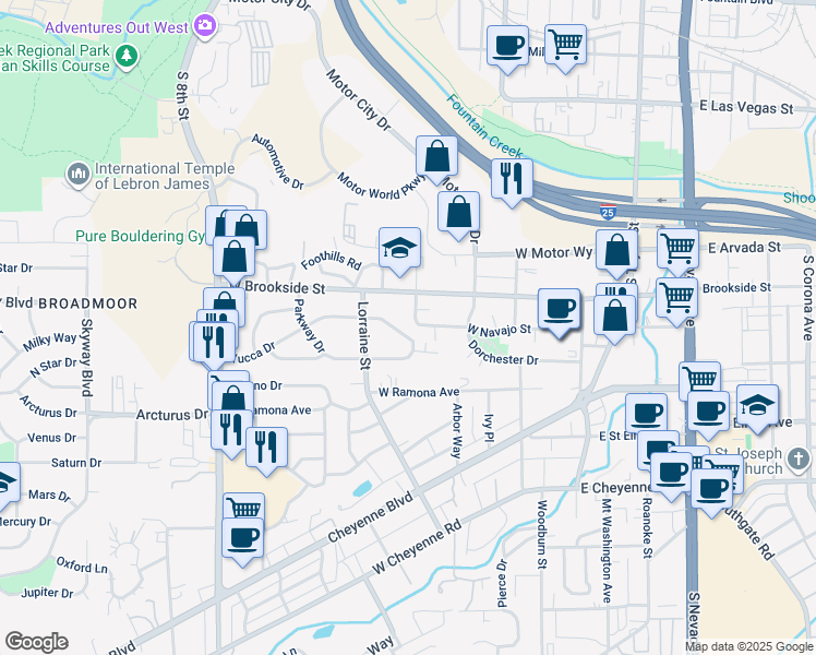map of restaurants, bars, coffee shops, grocery stores, and more near 409 Yucca Drive in Colorado Springs