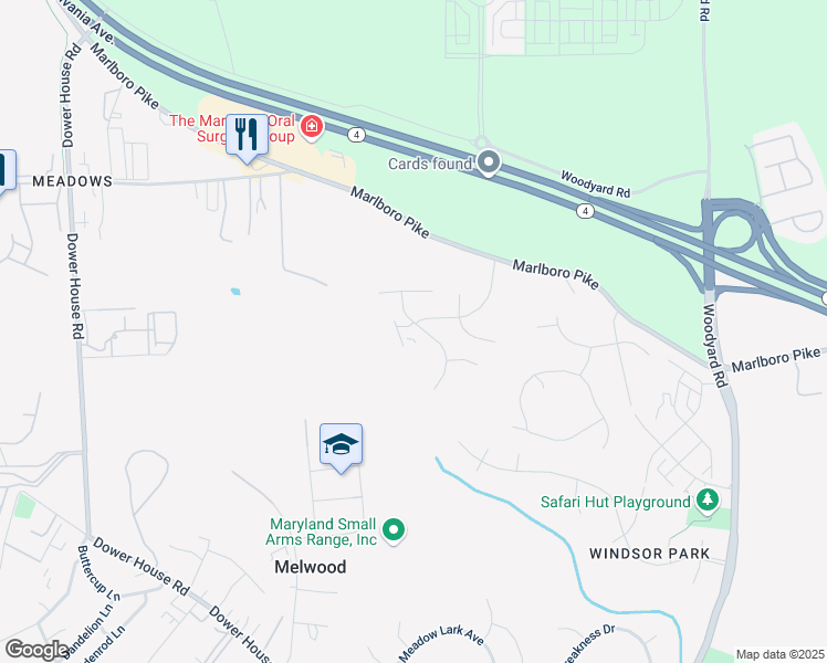 map of restaurants, bars, coffee shops, grocery stores, and more near 5701 South Marwood Boulevard in Upper Marlboro