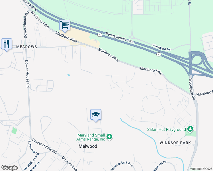 map of restaurants, bars, coffee shops, grocery stores, and more near 5605 South Marwood Boulevard in Upper Marlboro
