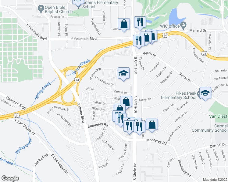 map of restaurants, bars, coffee shops, grocery stores, and more near 1298 Antrim Loop in Colorado Springs