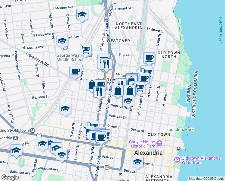 map of restaurants, bars, coffee shops, grocery stores, and more near 625 North Patrick Street in Alexandria
