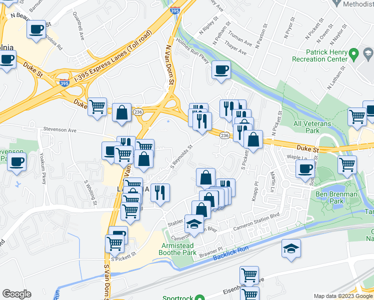 map of restaurants, bars, coffee shops, grocery stores, and more near 90 South Reynolds Street in Alexandria