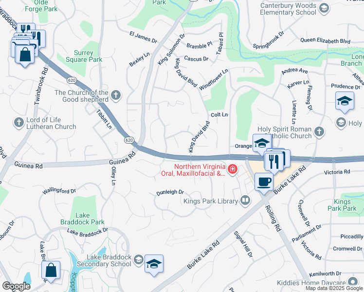 map of restaurants, bars, coffee shops, grocery stores, and more near 5107 Claytonia Court in Annandale