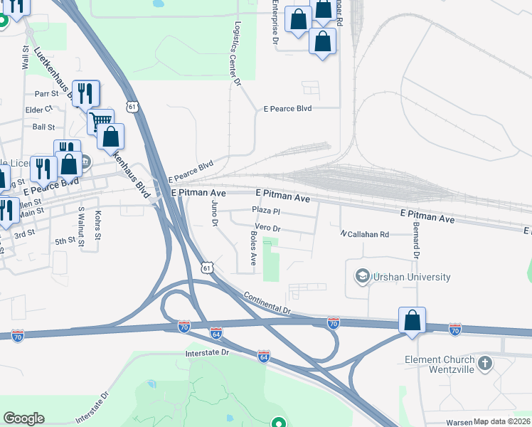 map of restaurants, bars, coffee shops, grocery stores, and more near 1431 Vero Drive in Wentzville