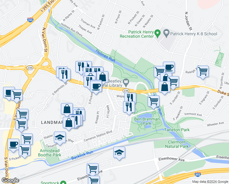map of restaurants, bars, coffee shops, grocery stores, and more near 5032 Gardner Drive in Alexandria