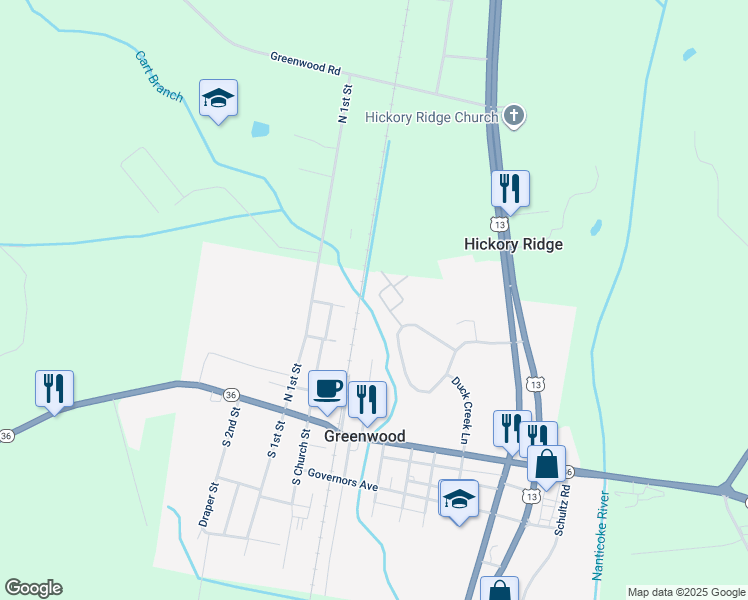 map of restaurants, bars, coffee shops, grocery stores, and more near 405 Seachase Lane in Greenwood