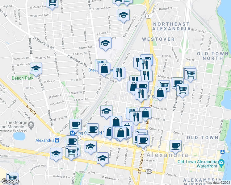 map of restaurants, bars, coffee shops, grocery stores, and more near 505 North West Street in Alexandria