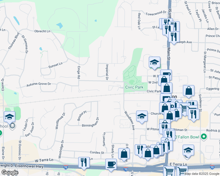 map of restaurants, bars, coffee shops, grocery stores, and more near 75 Jakes Court in O'Fallon
