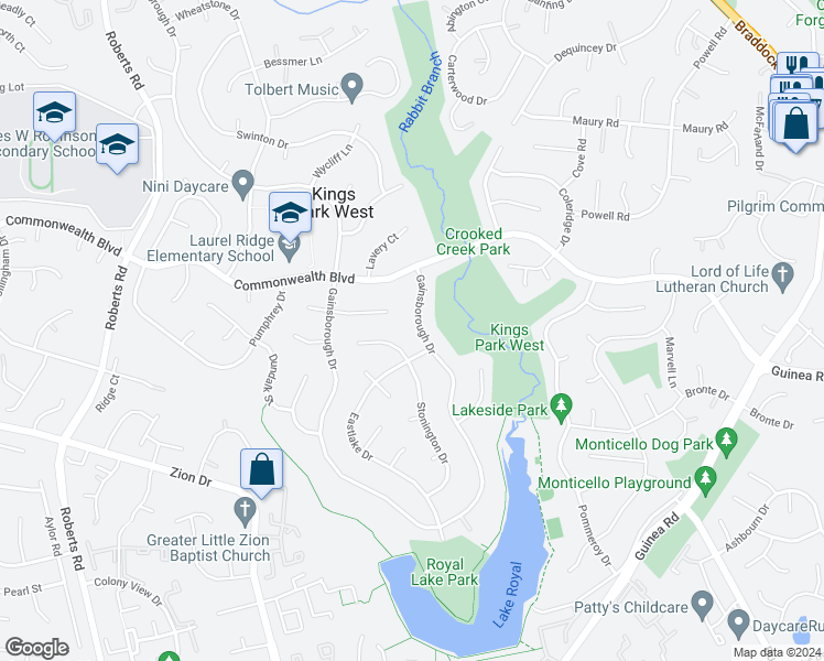 map of restaurants, bars, coffee shops, grocery stores, and more near 5413 Gainsborough Drive in Fairfax