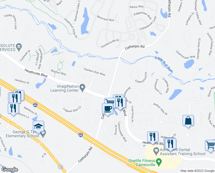 map of restaurants, bars, coffee shops, grocery stores, and more near 14249 Town Commons Way in Gainesville