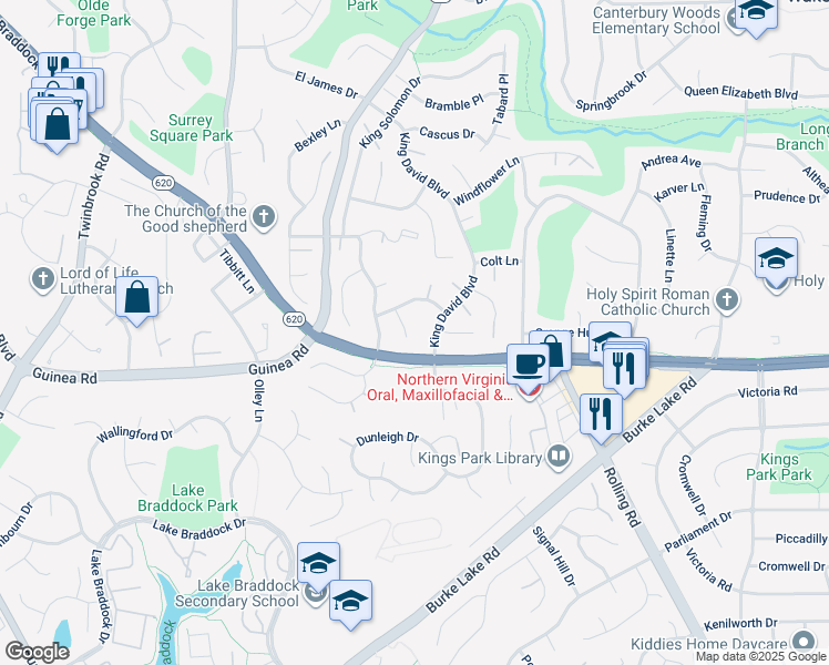 map of restaurants, bars, coffee shops, grocery stores, and more near 5107 Claytonia Court in Annandale