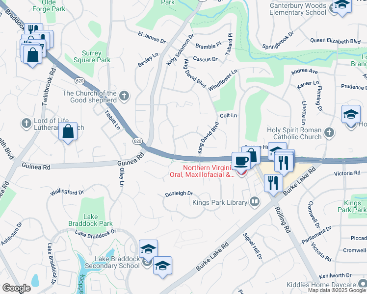 map of restaurants, bars, coffee shops, grocery stores, and more near 5104 Claytonia Court in Annandale