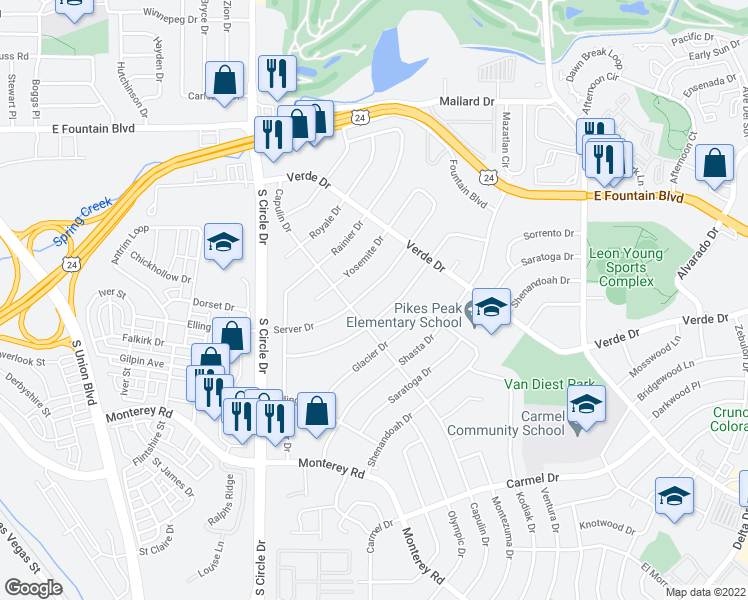map of restaurants, bars, coffee shops, grocery stores, and more near 1419 Rushmore Drive in Colorado Springs