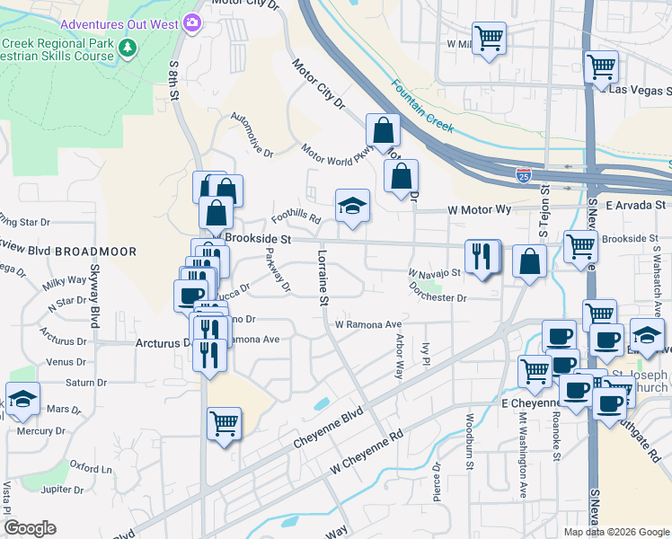 map of restaurants, bars, coffee shops, grocery stores, and more near in Colorado Springs