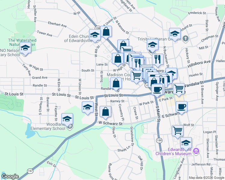 map of restaurants, bars, coffee shops, grocery stores, and more near 501 Saint Louis Street in Edwardsville
