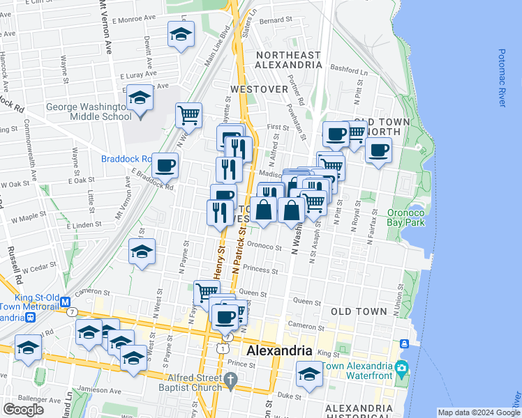 map of restaurants, bars, coffee shops, grocery stores, and more near 620 North Alfred Street in Alexandria