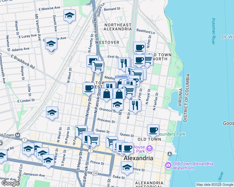 map of restaurants, bars, coffee shops, grocery stores, and more near 625 North Columbus Street in Alexandria