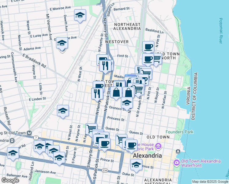 map of restaurants, bars, coffee shops, grocery stores, and more near 620 North Alfred Street in Alexandria