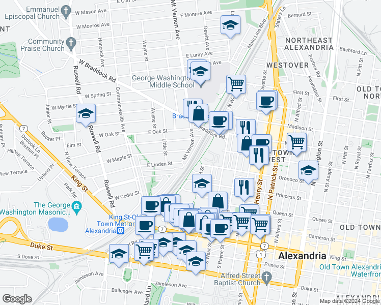 map of restaurants, bars, coffee shops, grocery stores, and more near 333 Mount Vernon Avenue in Alexandria