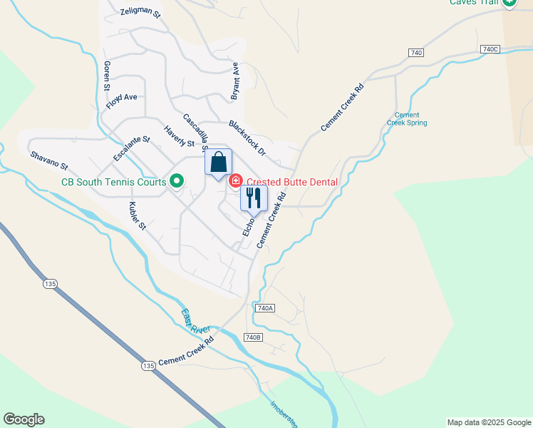 map of restaurants, bars, coffee shops, grocery stores, and more near 225 Cement Creek Road in Crested Butte