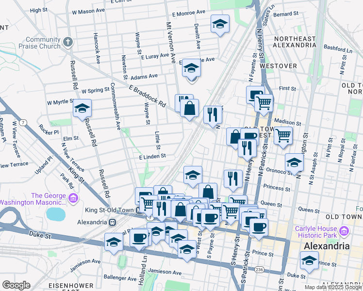 map of restaurants, bars, coffee shops, grocery stores, and more near 333 Mount Vernon Avenue in Alexandria