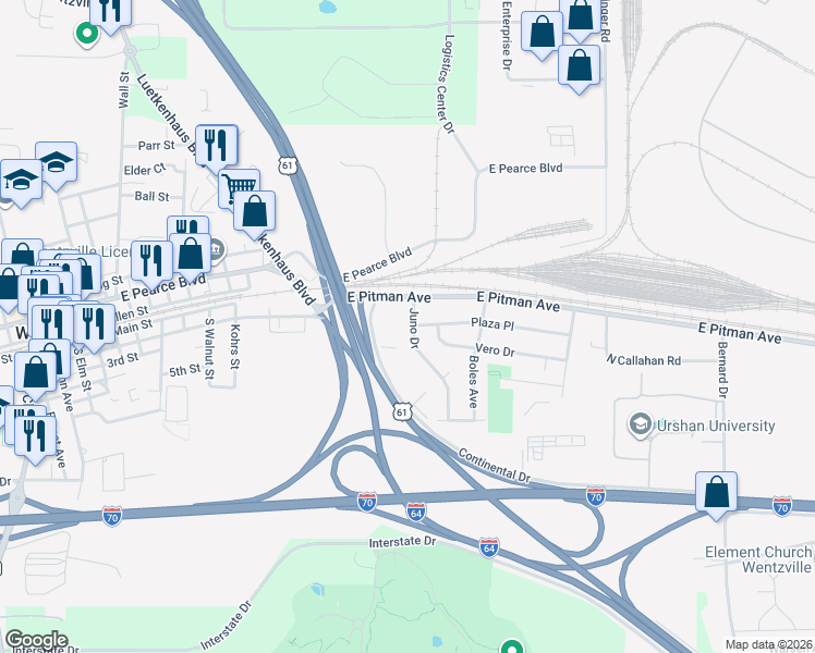 map of restaurants, bars, coffee shops, grocery stores, and more near 9 Juno Drive in Wentzville