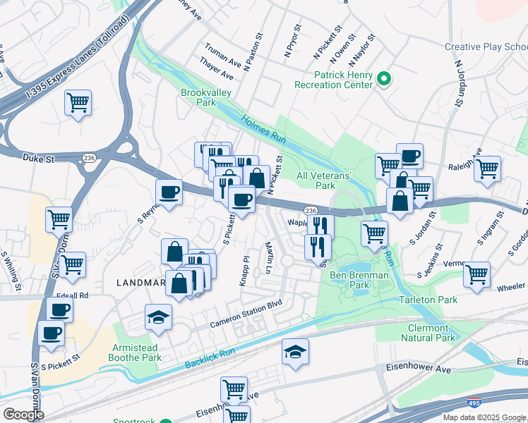 map of restaurants, bars, coffee shops, grocery stores, and more near 107 Cameron Station Boulevard in Alexandria