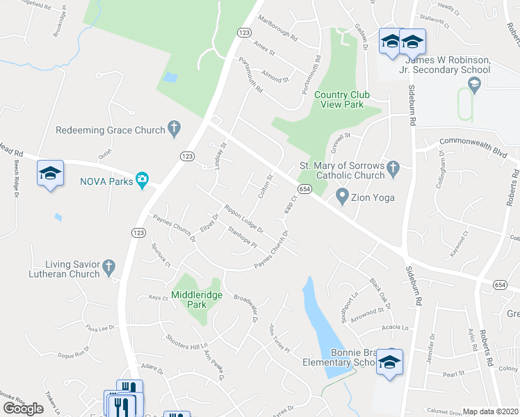 map of restaurants, bars, coffee shops, grocery stores, and more near 10705 Colton Street in Fairfax