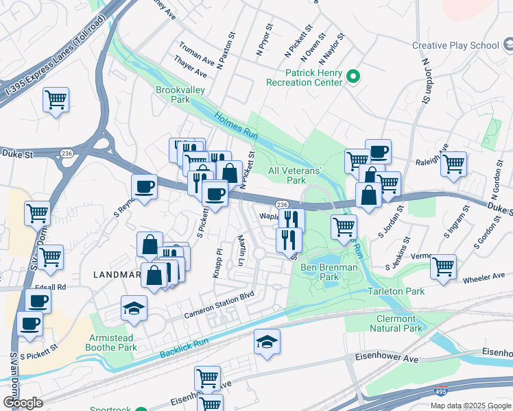map of restaurants, bars, coffee shops, grocery stores, and more near 5032 Gardner Drive in Alexandria