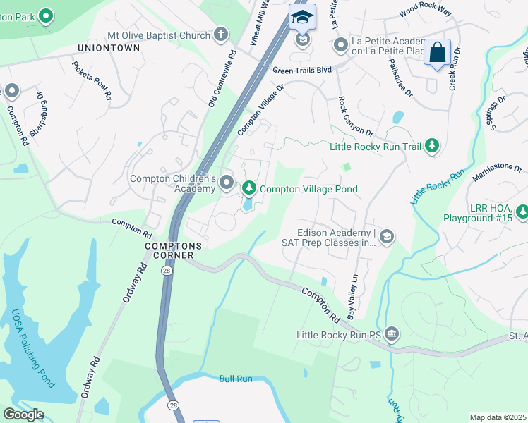 map of restaurants, bars, coffee shops, grocery stores, and more near 6905 Ridge Water Court in Centreville