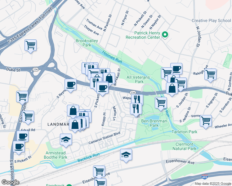 map of restaurants, bars, coffee shops, grocery stores, and more near 106 Cameron Station Boulevard in Alexandria