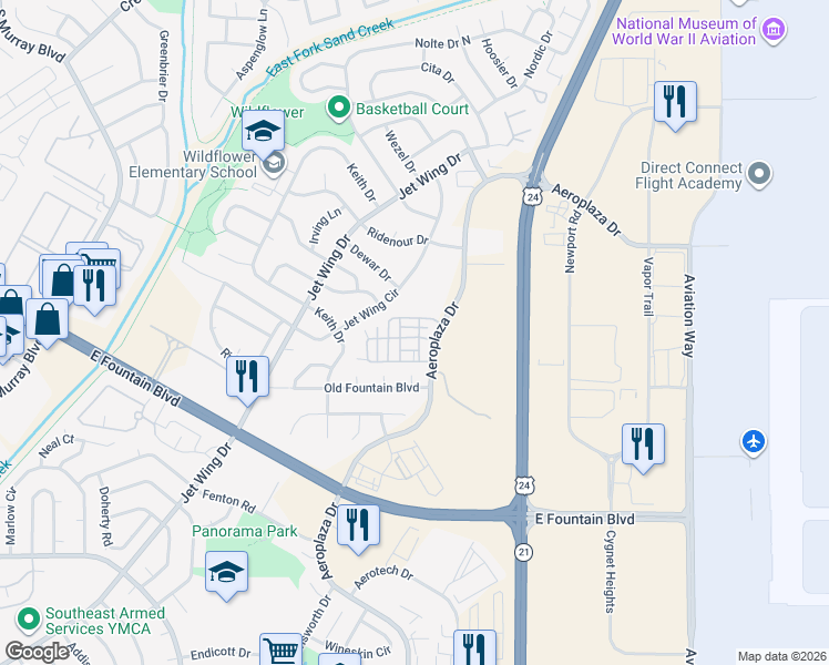 map of restaurants, bars, coffee shops, grocery stores, and more near 4903 Dovetail Lane in Colorado Springs