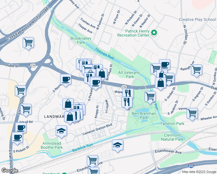 map of restaurants, bars, coffee shops, grocery stores, and more near 106 Cameron Station Boulevard in Alexandria