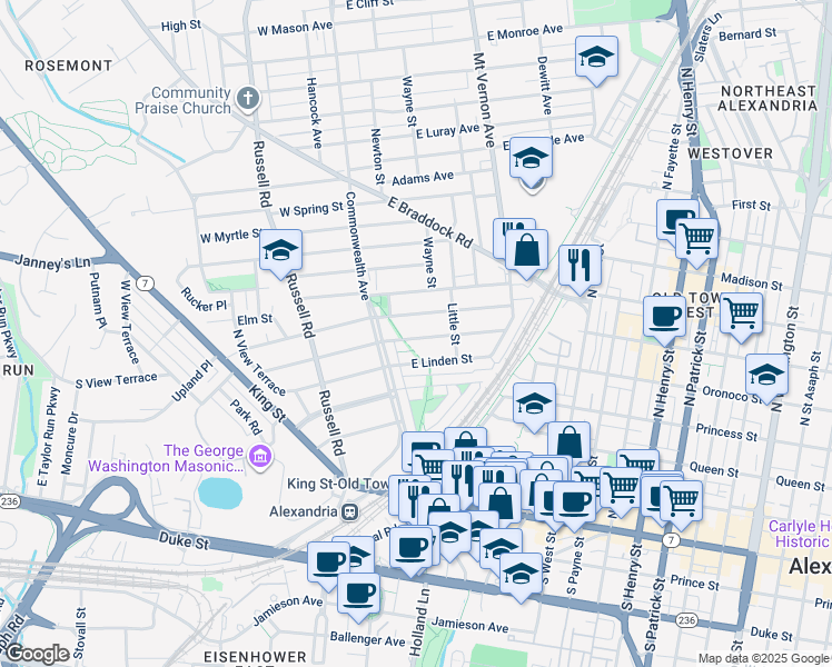 map of restaurants, bars, coffee shops, grocery stores, and more near 16 East Maple Street in Alexandria