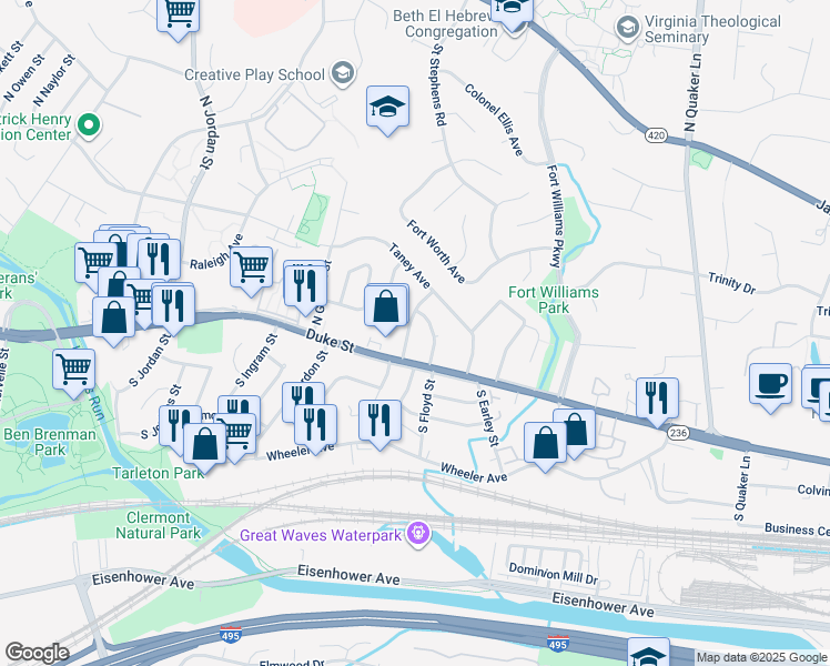 map of restaurants, bars, coffee shops, grocery stores, and more near 33 North French Street in Alexandria