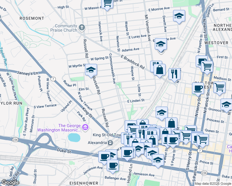 map of restaurants, bars, coffee shops, grocery stores, and more near 400 Commonwealth Avenue in Alexandria