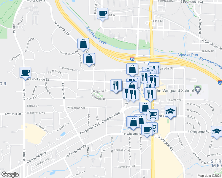 map of restaurants, bars, coffee shops, grocery stores, and more near 107 West Navajo Street in Colorado Springs