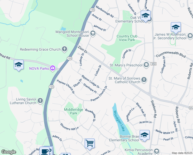 map of restaurants, bars, coffee shops, grocery stores, and more near 10705 Colton Street in Fairfax