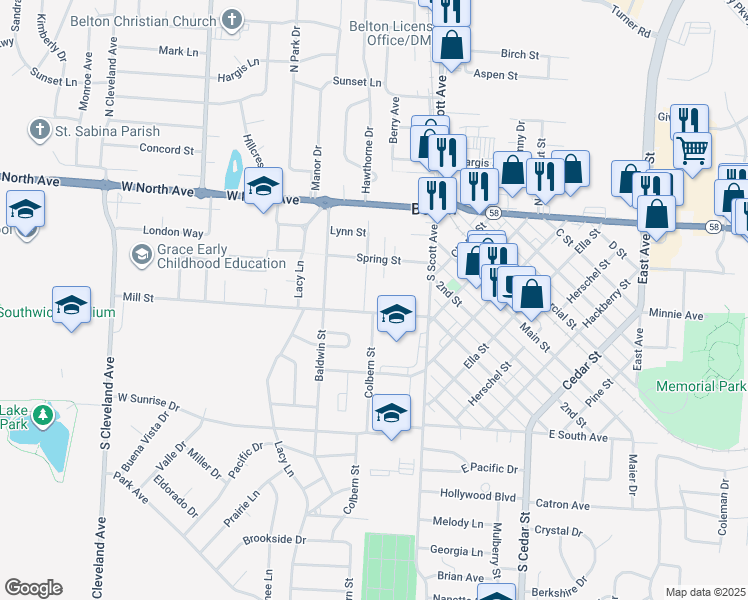 map of restaurants, bars, coffee shops, grocery stores, and more near 302 Colbern Street in Belton