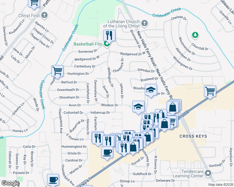 map of restaurants, bars, coffee shops, grocery stores, and more near 2825 Sussex Drive in Florissant