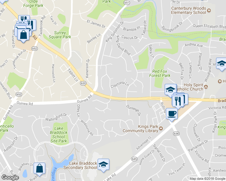 map of restaurants, bars, coffee shops, grocery stores, and more near 5143 Bradfield Drive in Annandale