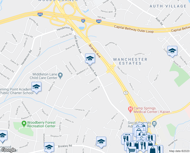 map of restaurants, bars, coffee shops, grocery stores, and more near 5615 Old Branch Avenue in Temple Hills