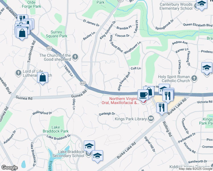 map of restaurants, bars, coffee shops, grocery stores, and more near 5143 Bradfield Drive in Annandale
