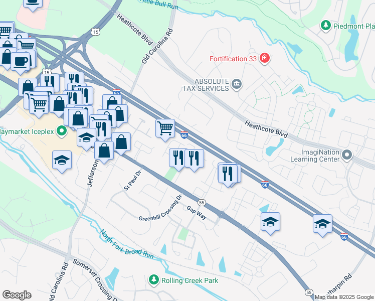 map of restaurants, bars, coffee shops, grocery stores, and more near 6710 Bleight Drive in Haymarket