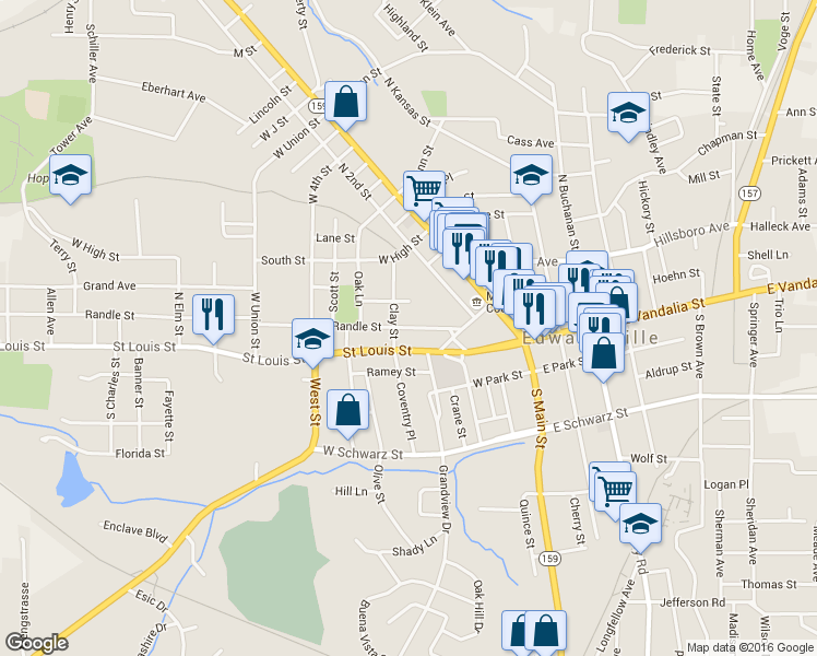 map of restaurants, bars, coffee shops, grocery stores, and more near 424 Randle Street in Edwardsville