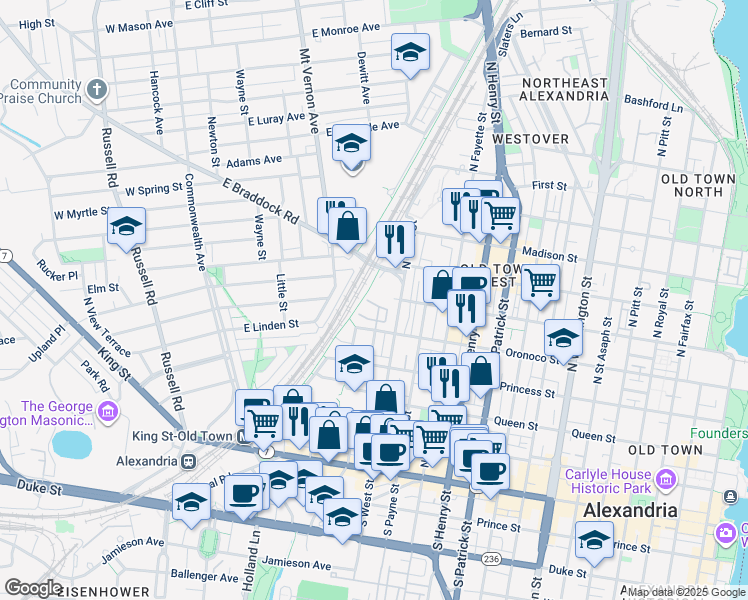 map of restaurants, bars, coffee shops, grocery stores, and more near 551 Colecroft Court in Alexandria