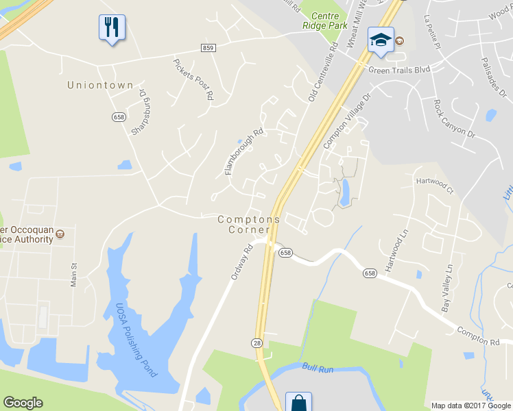 map of restaurants, bars, coffee shops, grocery stores, and more near 14545 Castleford Court in Centreville