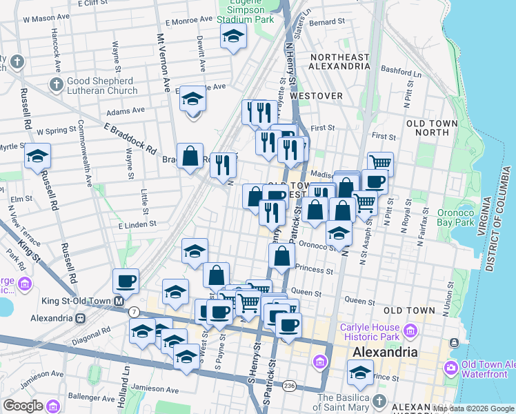 map of restaurants, bars, coffee shops, grocery stores, and more near 620 North Fayette Street in Alexandria